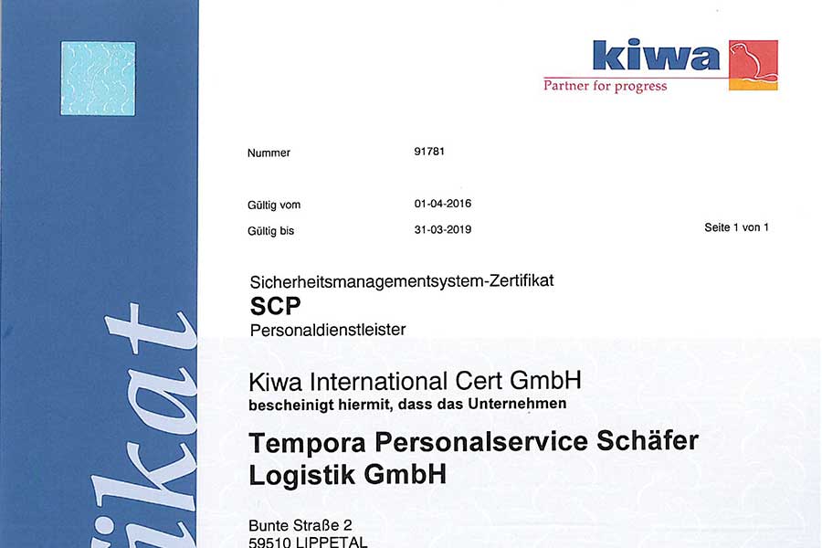 Personalservice Schäfer KIWA Zertifikat
